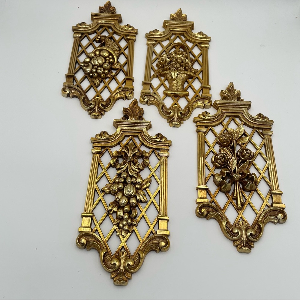 Vintage Dart Wall Plaques Ornate Regency 1971 Gold Spring Floral Fall Bounty 4pc